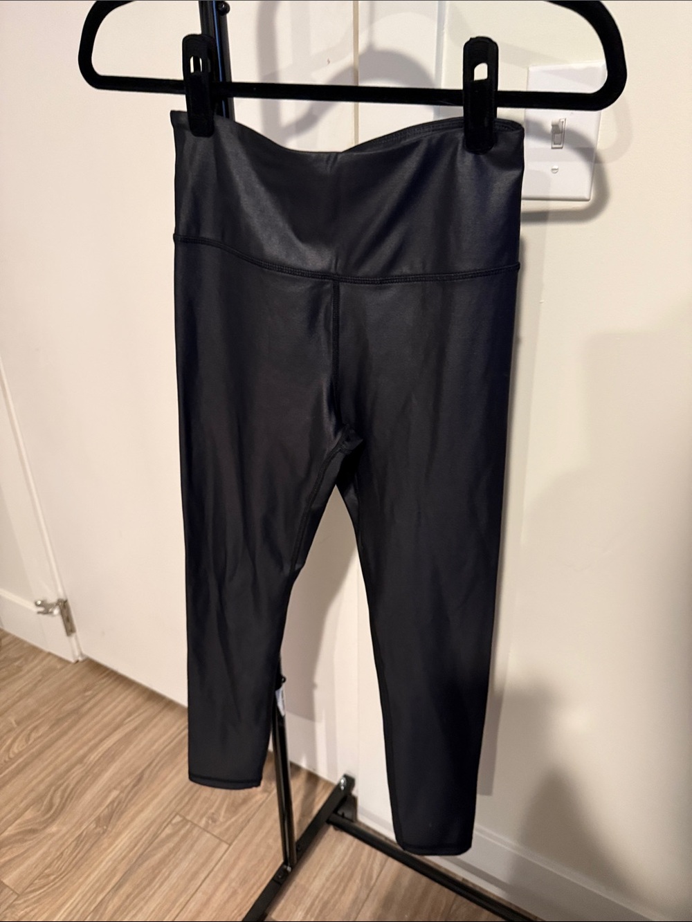 Black Athletic Leggings with a Faux Leather Finish